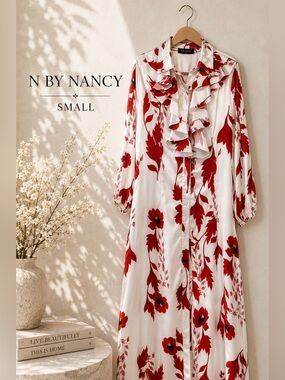 N By Nancy Red & White Floral Ruffle Midi Dress Small